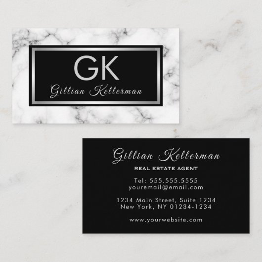 Treny Marble Silver Monogram Visitenkarte (Vorne/Hinten)