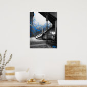 Treppe schwarz-weiß Art Déco mit Blau Poster (Küche)