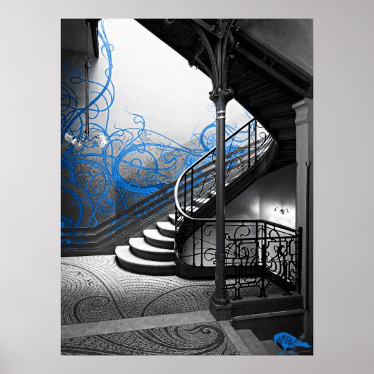 Treppe schwarz-weiß Art Déco mit Blau Poster (Vorne)