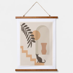Treppen-Blatt-Vase Katze, Boho-Abstract-Geometrisc Wandteppich Mit Holzrahmen