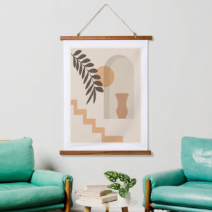Treppen-Blatt-Vase Sonne, Boho-Abstracte Geometris Wandteppich Mit Holzrahmen
