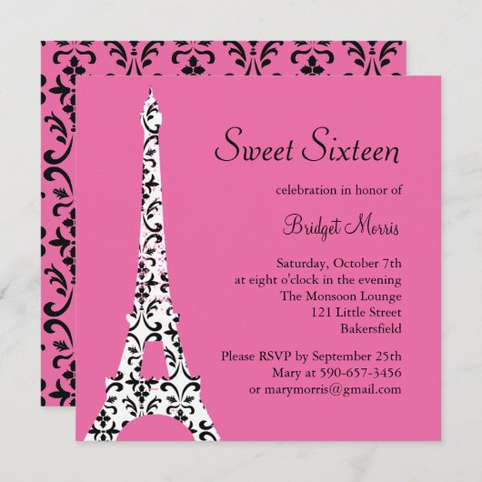 Tres Paris Birthday Invitation (Fuchsia) Einladung (Vorne/Hinten)