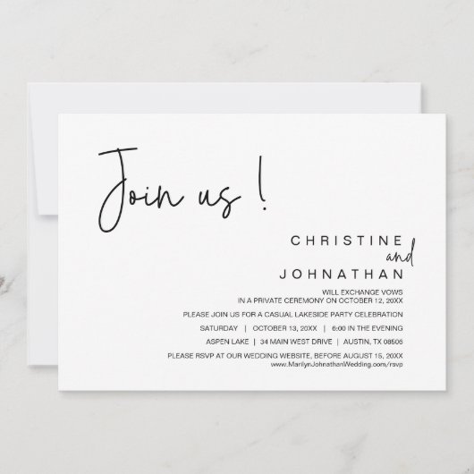 Treten Sie uns bei, Hochzeitsessen, Party, Tanzen Einladung (Vorderseite)