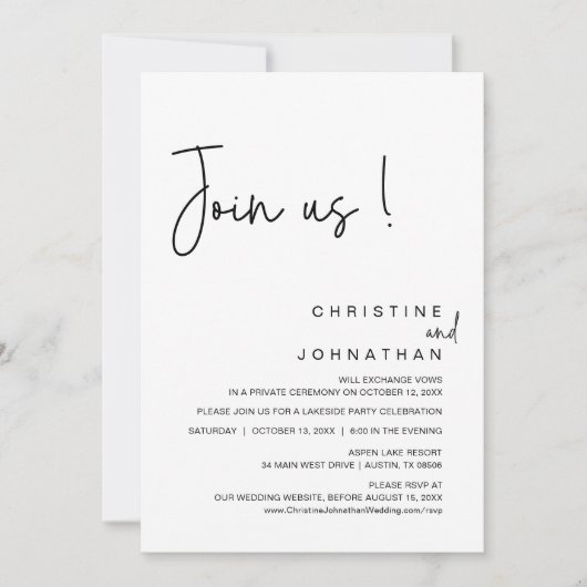 Treten Sie uns bei, Hochzeitsessen, Party, Tanzen Einladung (Vorderseite)