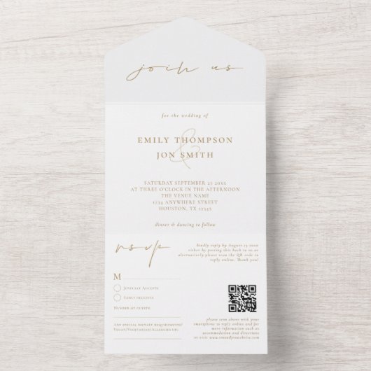 Treten Sie uns bei Minimalistischer Goldskripthoch All In One Einladung (Innen Boden)