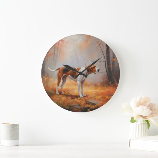 Treten Walker Coonhound im Herbst Leaves Fall Große Wanduhr (Zuhause)
