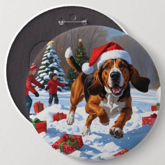Treten Walker Coonhound Schnee mit Weihnachtshut Button (Vorne & Hinten)