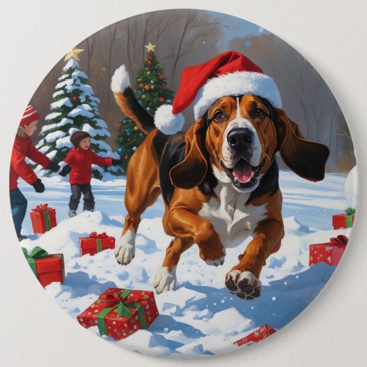Treten Walker Coonhound Schnee mit Weihnachtshut Button (Vorderseite)