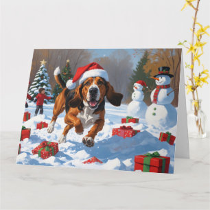 Treten Walker Coonhound Schnee mit Weihnachtshut Karte