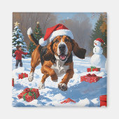 Treten Walker Coonhound Schnee mit Weihnachtshut Magnet (Vorne)