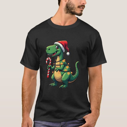 TRex Christmas Lights Dinosaur Holiday Santa Hat T-Shirt (Vorderseite)
