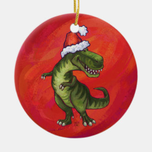 TRex Dino in der Weihnachtsmannmütze auf Rot Keramik Ornament