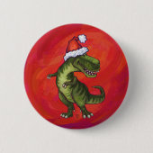 TRex Dino in Weihnachtsmannmütze auf Rot Button (Vorderseite)