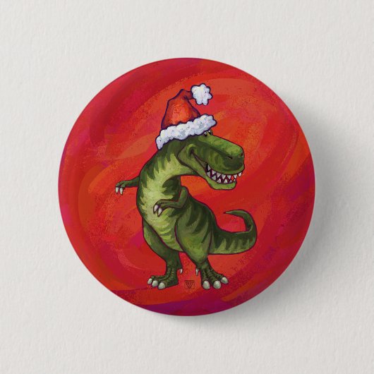 TRex Dino in Weihnachtsmannmütze auf Rot Button (Vorderseite)