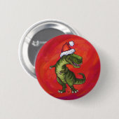 TRex Dino in Weihnachtsmannmütze auf Rot Button (Vorne & Hinten)