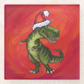 TRex Dino in Weihnachtsmannmütze auf Rot Glasuntersetzer (Vorderseite)