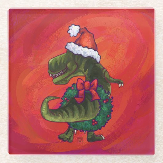 TRex Dino in Weihnachtsmannmütze auf Rot Glasuntersetzer (Vorderseite)
