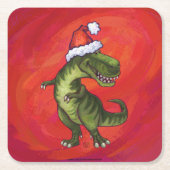 TRex Dino in Weihnachtsmannmütze auf Rot Rechteckiger Pappuntersetzer (Vorderseite)