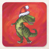 TRex Dino in Weihnachtsmannmütze auf Rot Rechteckiger Pappuntersetzer (Vorderseite)