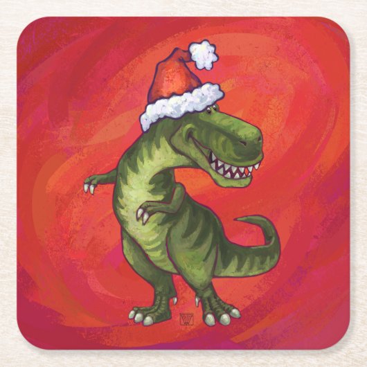 TRex Dino in Weihnachtsmannmütze auf Rot Rechteckiger Pappuntersetzer (Vorderseite)