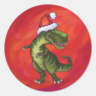 TRex Dino in Weihnachtsmannmütze auf Rot Runder Aufkleber