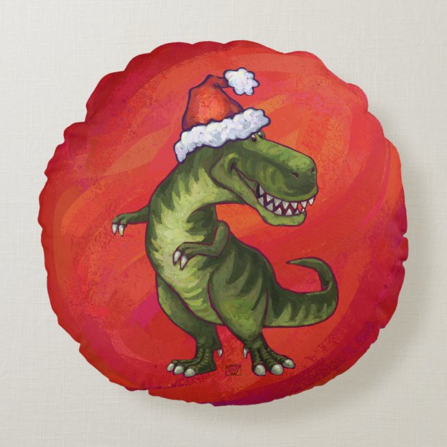 TRex Dino in Weihnachtsmannmütze auf Rot Rundes Kissen (Vorderseite)