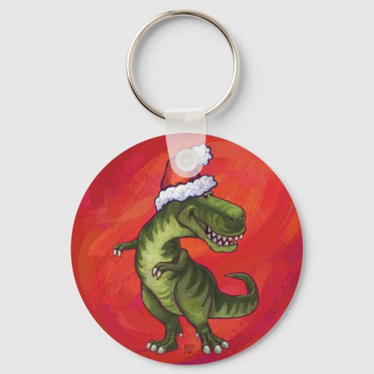 TRex Dino in Weihnachtsmannmütze auf Rot Schlüsselanhänger (Vorderseite)