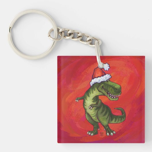 TRex Dino in Weihnachtsmannmütze auf Rot Schlüsselanhänger (Vorderseite)