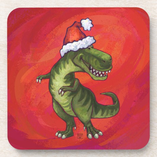 TRex Dino in Weihnachtsmannmütze auf Rot Untersetzer (Vorderseite)