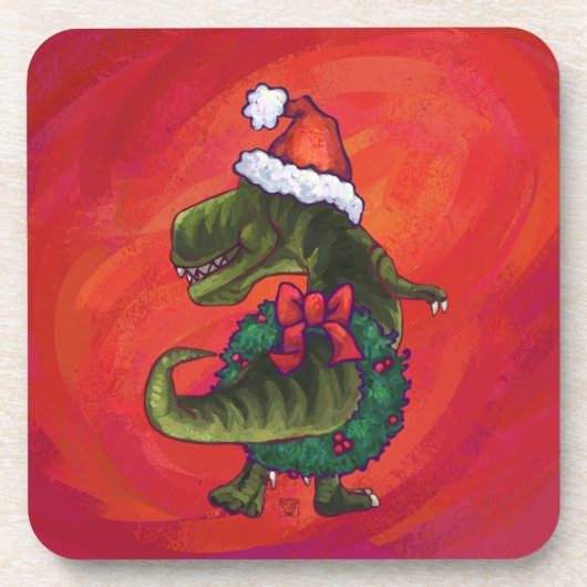 TRex Dino in Weihnachtsmannmütze auf Rot Untersetzer (Vorderseite)