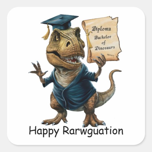 Trex in Cap and Gown Holding Diploma Quadratischer Aufkleber (Vorderseite)