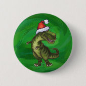 TRex in Weihnachtsmannmütze auf Grün Button (Vorderseite)