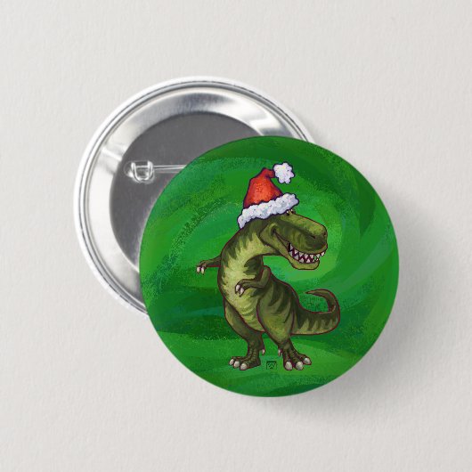 TRex in Weihnachtsmannmütze auf Grün Button (Vorne & Hinten)