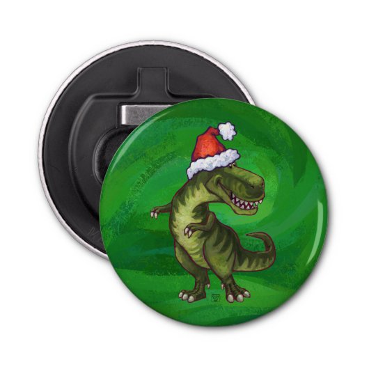 TRex in Weihnachtsmannmütze auf Grün Flaschenöffner (Vorderseite)