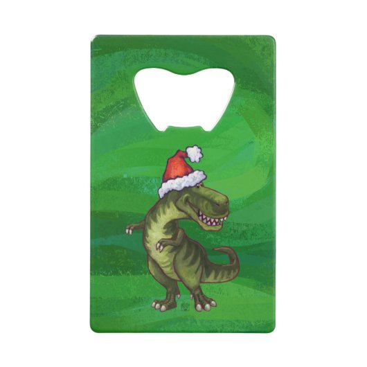 TRex in Weihnachtsmannmütze auf Grün Geldkarten Flaschenöffner (Vorderseite)