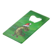 TRex in Weihnachtsmannmütze auf Grün Geldkarten Flaschenöffner (Vorderseite Schrägansicht)