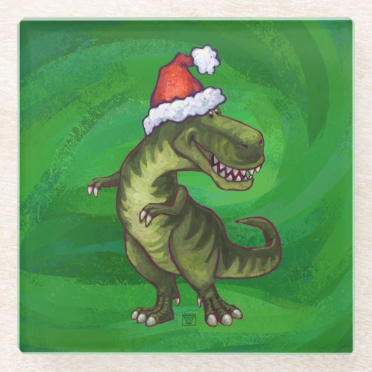TRex in Weihnachtsmannmütze auf Grün Glasuntersetzer (Vorderseite)