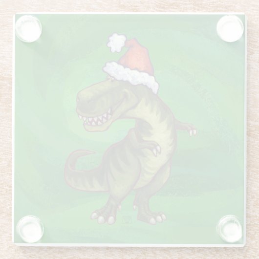 TRex in Weihnachtsmannmütze auf Grün Glasuntersetzer (Rückseite)