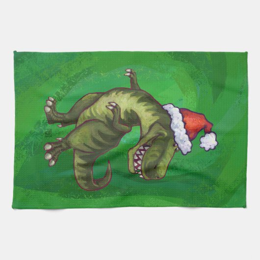 TRex in Weihnachtsmannmütze auf Grün Handtuch (Horizontal)