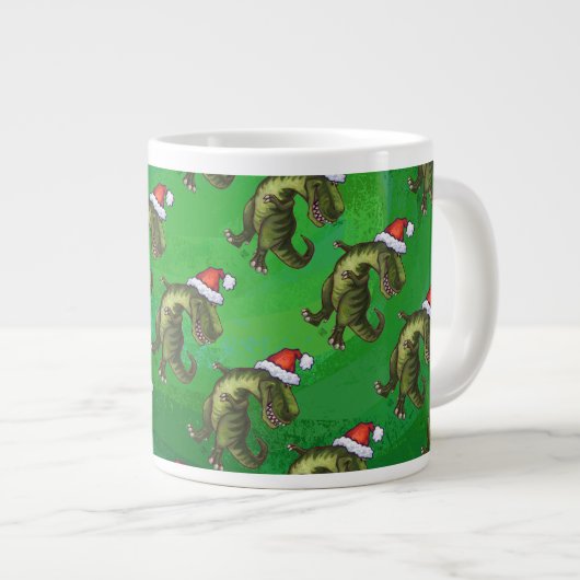 TRex in Weihnachtsmannmütze auf Grün Jumbo-Tasse (Vorderseite Rechts)