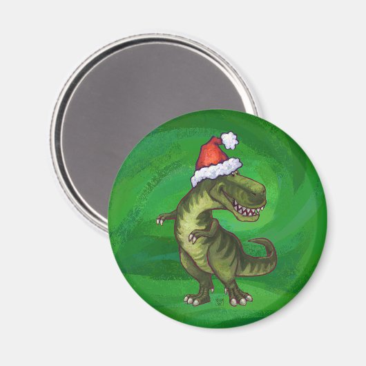 TRex in Weihnachtsmannmütze auf Grün Magnet (Vorderseite/Rückseite)