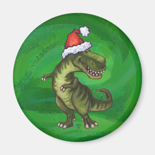 TRex in Weihnachtsmannmütze auf Grün Magnet (Vorne)
