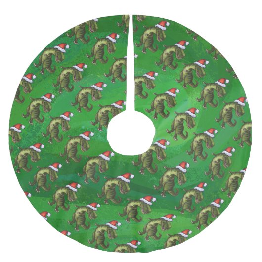 TRex in Weihnachtsmannmütze auf Grün Polyester Weihnachtsbaumdecke (Vorderseite)