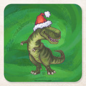 TRex in Weihnachtsmannmütze auf Grün Rechteckiger Pappuntersetzer (Vorderseite)