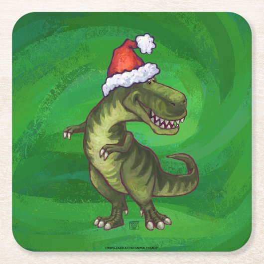 TRex in Weihnachtsmannmütze auf Grün Rechteckiger Pappuntersetzer (Vorderseite)