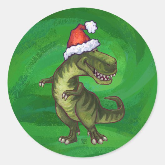 TRex in Weihnachtsmannmütze auf Grün Runder Aufkleber (Vorderseite)