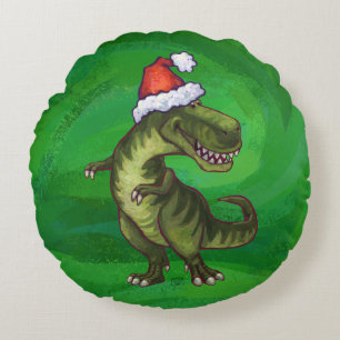 TRex in Weihnachtsmannmütze auf Grün Rundes Kissen
