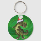 TRex in Weihnachtsmannmütze auf Grün Schlüsselanhänger (Vorderseite)