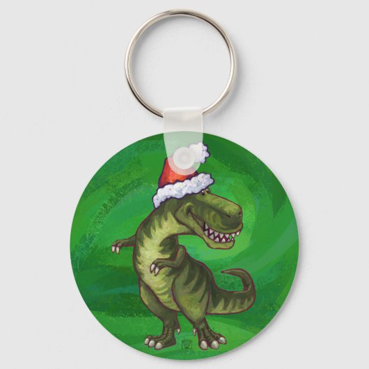 TRex in Weihnachtsmannmütze auf Grün Schlüsselanhänger (Vorderseite)