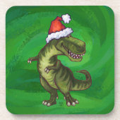 TRex in Weihnachtsmannmütze auf Grün Untersetzer (Vorderseite)
